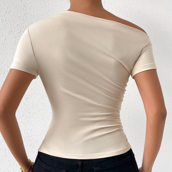 Apricot Casual Women's Solid Ruched Asymmetrical Neck Tee - Picture 2 of 6